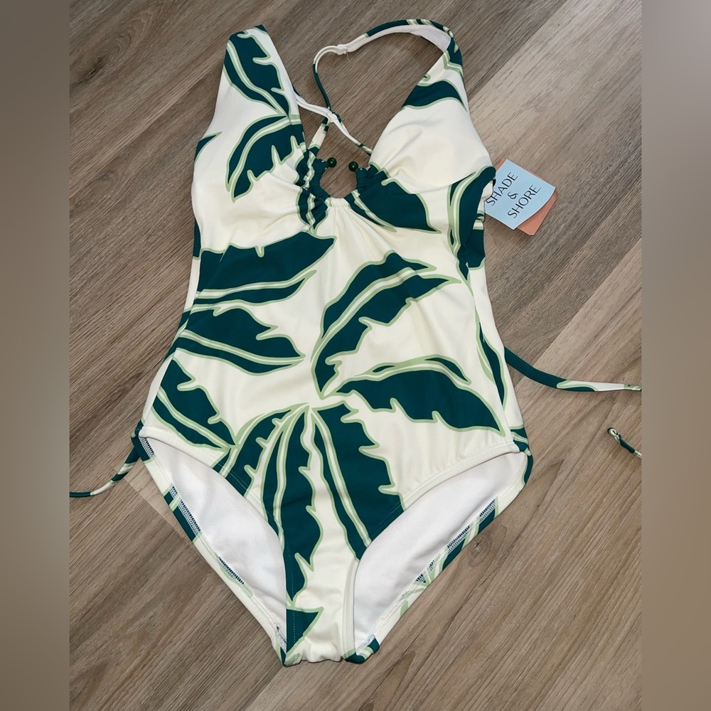 NWT Tropical Green Leaf One-Piece Swimsuit Halter Tie
